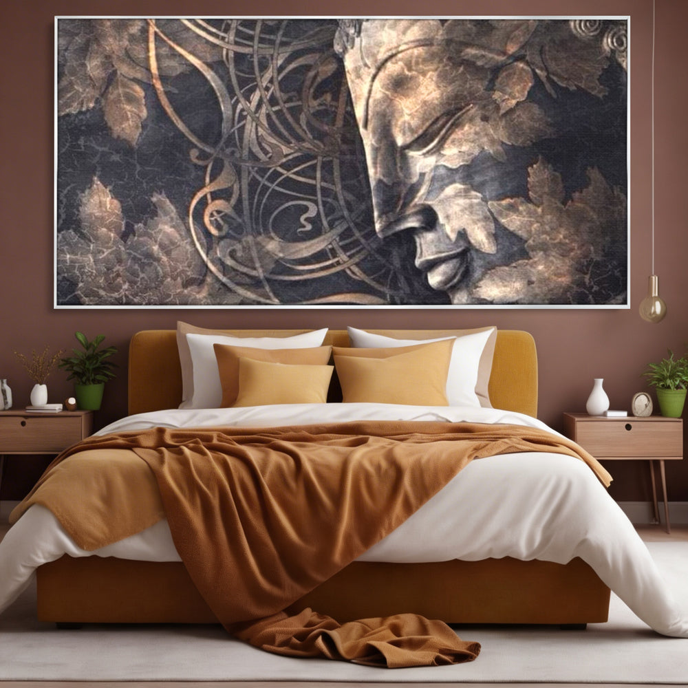 Tablou canvas cu tablou canvas cu profil de buddha, in rama de aluminiu argintiu, pe perete intr-un dormitor